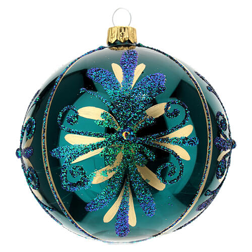 Boule de Noël bleu paon motif floral verre soufflé 100 mm 4