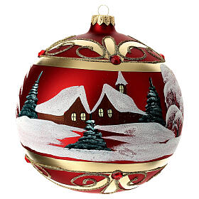 Christmas ball of matte red blown glass, houses in the snow, 150 mm