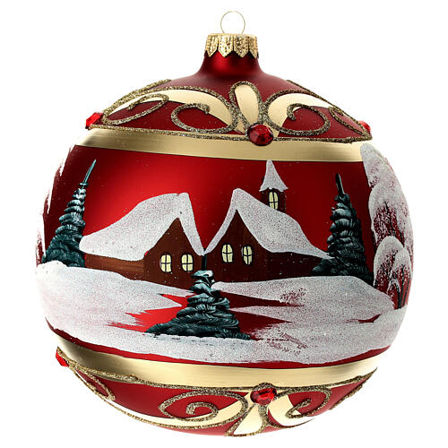 Christmas ball of matte red blown glass, houses in the snow, 150 mm 1