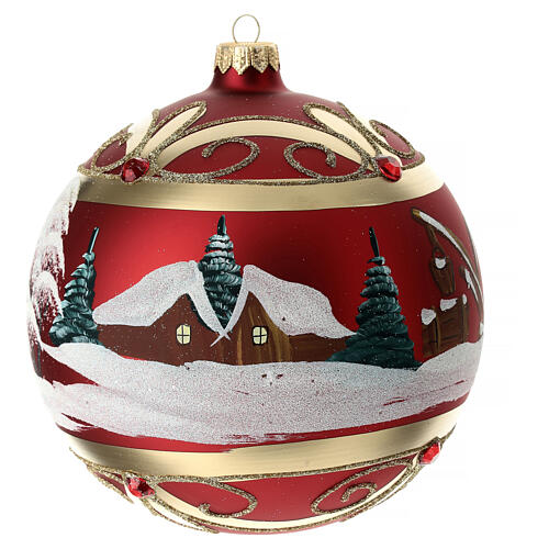 Christmas ball of matte red blown glass, houses in the snow, 150 mm 4