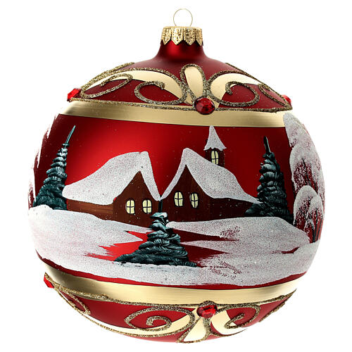 Palla di Natale rossa vetro soffiato neve pietre 150mm 1