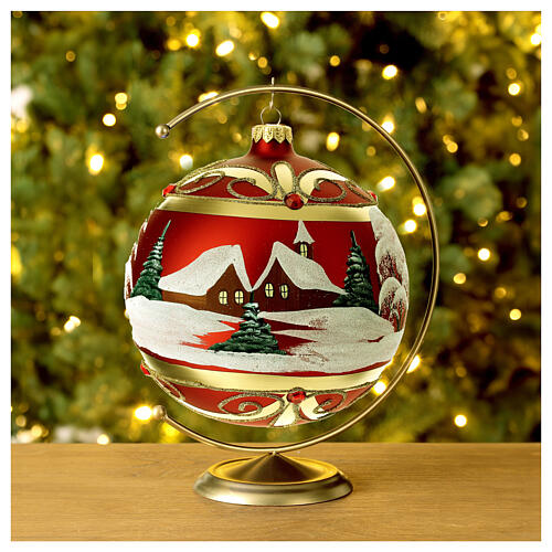 Bola árvore de Natal vidro soprado vermelho paisagem nevada e decoração dourada 150 mm 3