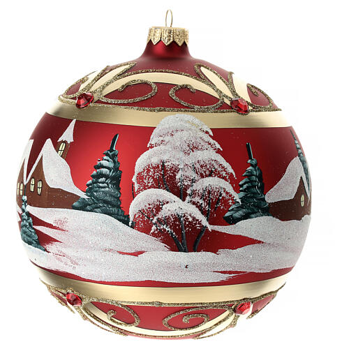 Bola árvore de Natal vidro soprado vermelho paisagem nevada e decoração dourada 150 mm 6