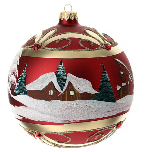 Bola árvore de Natal vidro soprado vermelho paisagem nevada e decoração dourada 150 mm 7