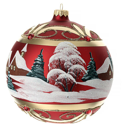 Bola árvore de Natal vidro soprado vermelho paisagem nevada e decoração dourada 150 mm 3