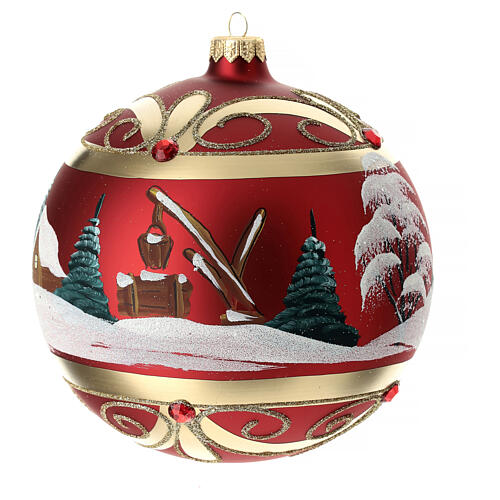 Bola árvore de Natal vidro soprado vermelho paisagem nevada e decoração dourada 150 mm 5