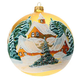 Christmas ball of golden blown glass, snowy hamlet, 150 mm
