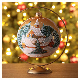 Christmas ball of golden blown glass, snowy hamlet, 150 mm