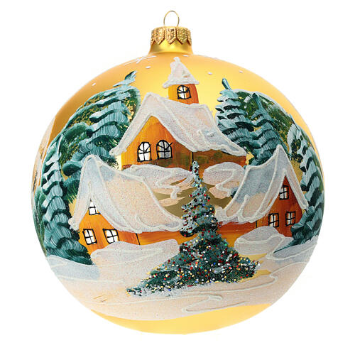 Christmas ball of golden blown glass, snowy hamlet, 150 mm 1