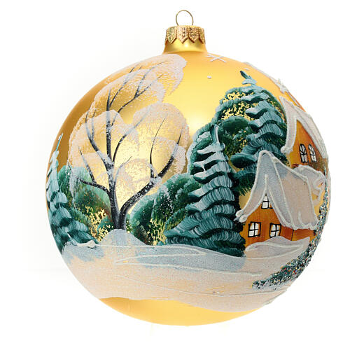 Christmas ball of golden blown glass, snowy hamlet, 150 mm 3