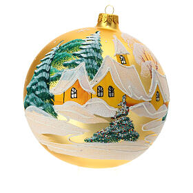 Christmas ball of matte golden blown glass, snowy village, 150 mm