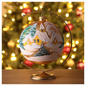 Christmas ball of matte golden blown glass, snowy village, 150 mm