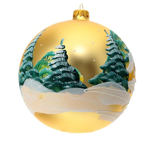 Christmas ball of matte golden blown glass, snowy village, 150 mm 3