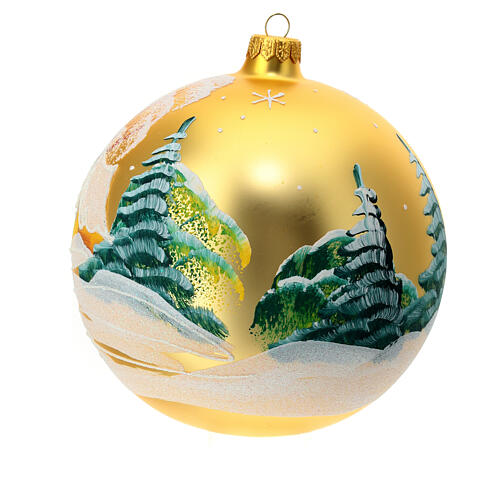 Christmas ball of matte golden blown glass, snowy village, 150 mm 4