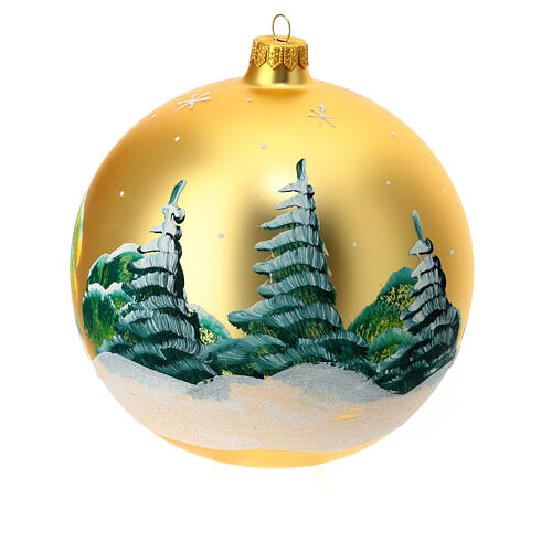 Christmas ball of matte golden blown glass, snowy village, 150 mm 5