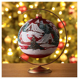 Christmas ball of matte red blown glass, snowy hamlet, 150 mm