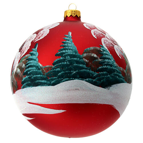 Christmas ball of matte red blown glass, snowy hamlet, 150 mm 5
