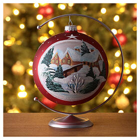 Christmas ball of matte red blown glass, framed snowy hamlet, 150 mm