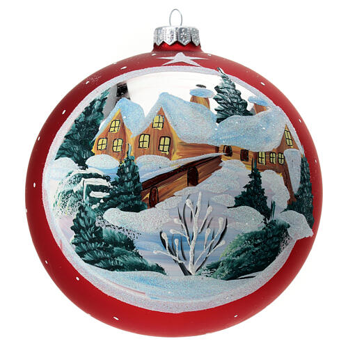 Christmas ball of matte red blown glass, framed snowy hamlet, 150 mm 1