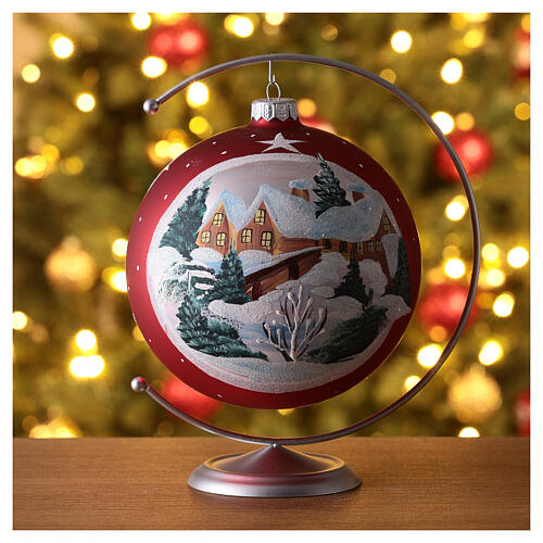 Christmas ball of matte red blown glass, framed snowy hamlet, 150 mm 2