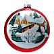 Christmas ball of matte red blown glass, framed snowy hamlet, 150 mm s1