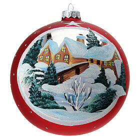 Glass red Christmas tree ball with snow covered house 150mm