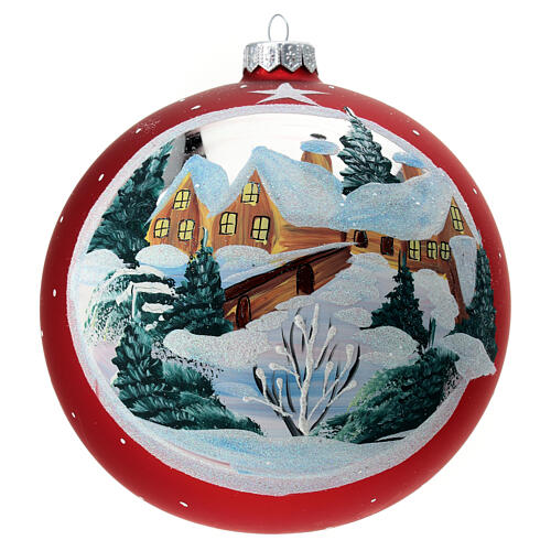 Glass red Christmas tree ball with snow covered house 150mm 1