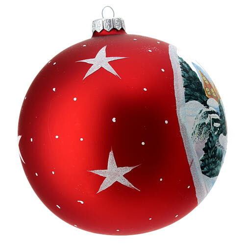 Glass red Christmas tree ball with snow covered house 150mm 3