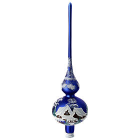 Christmas tree topper, blue blown glass and snowy landscape, 35 cm