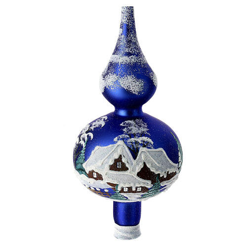 Christmas tree topper, blue blown glass and snowy landscape, 35 cm 3