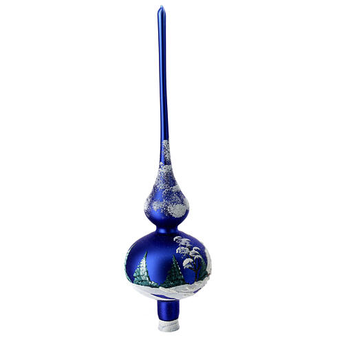 Christmas tree topper, blue blown glass and snowy landscape, 35 cm 5