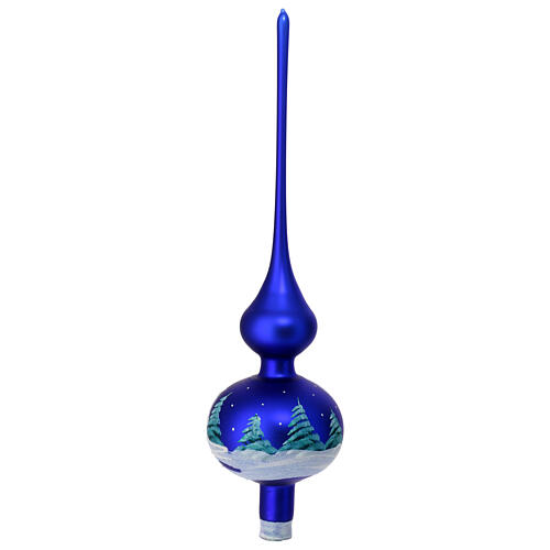 Christmas tree topper, blue blown glass and snowy landscape, 35 cm 4