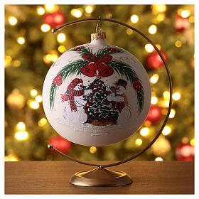 White Christmas ball with snowmen and Christmas tree, blown glass, 150 mm