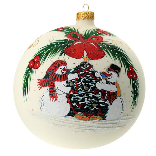 White Christmas ball with snowmen and Christmas tree, blown glass, 150 mm 1
