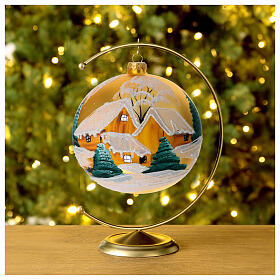 Golden Christmas ball with snowy village, blown glass, 150 mm