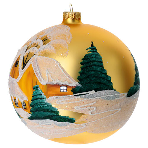 Golden Christmas ball with snowy village, blown glass, 150 mm 3