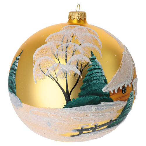 Golden Christmas ball with snowy village, blown glass, 150 mm 4