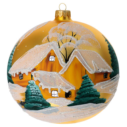 Bola árvore de Natal vidro soprado amarelo com paisagem nevada 150 mm 1