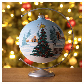 Light blue Christmas ball with snowy village and Christmas tree, blown glass, 150 mm