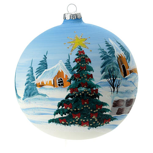 Light blue Christmas ball with snowy village and Christmas tree, blown glass, 150 mm 1