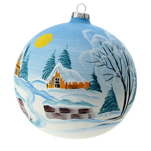 Light blue Christmas ball with snowy village and Christmas tree, blown glass, 150 mm 4