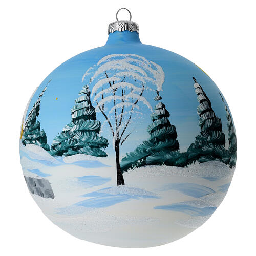 Light blue Christmas ball with snowy village and Christmas tree, blown glass, 150 mm 5