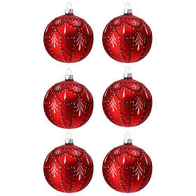 Set of 6 Christmas balls, red and white blown glass, 80 mm