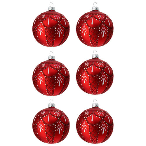Set of 6 Christmas balls, red and white blown glass, 80 mm 1