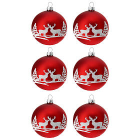 Set of 6 Christmas balls, red blown glass with white reindeers, 50 mm