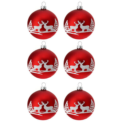 Set of 6 Christmas balls, red blown glass with white reindeers, 50 mm 1