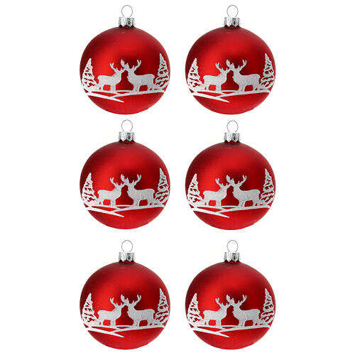 Set of 6 Christmas tree balls red white reindeer glass 50mm 1