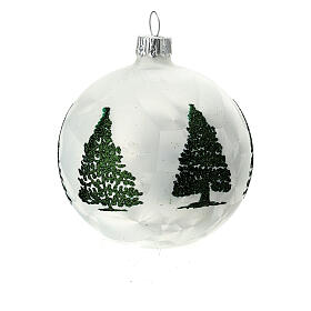 Set of 6 Christmas balls, pearly white blown glass with pines, 80 mm