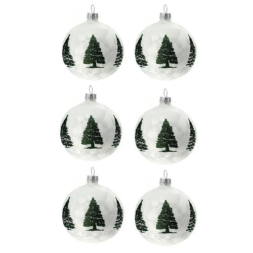 Set of 6 Christmas balls, pearly white blown glass with pines, 80 mm 1