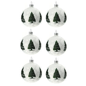 Set 6 boules de Noël sapins verts verre soufflé blanc nacré 80 mm